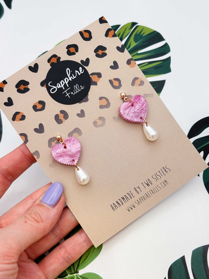 Medium Pink/Purple Potion Glitter Marble Scalloped Heart with Pearl Teardrop Dangle Earrings