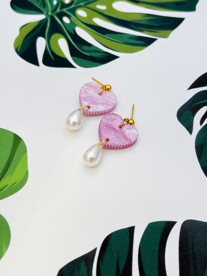 Medium Pink/Purple Potion Glitter Marble Scalloped Heart with Pearl Teardrop Dangle Earrings