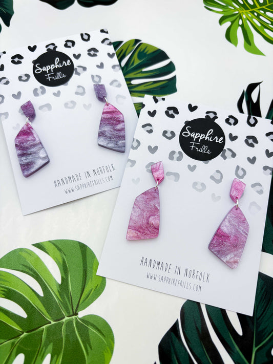 Pink/Purple Galaxy Glitter Marble Stone Dangle Earrings – Hypoallergenic Stainless Steel
