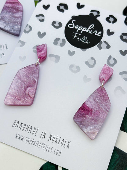 Pink/Purple Galaxy Glitter Marble Stone Dangle Earrings – Hypoallergenic Stainless Steel