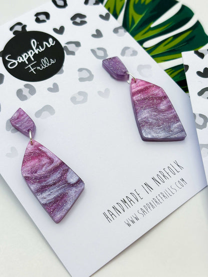 Pink/Purple Galaxy Glitter Marble Stone Dangle Earrings – Hypoallergenic Stainless Steel