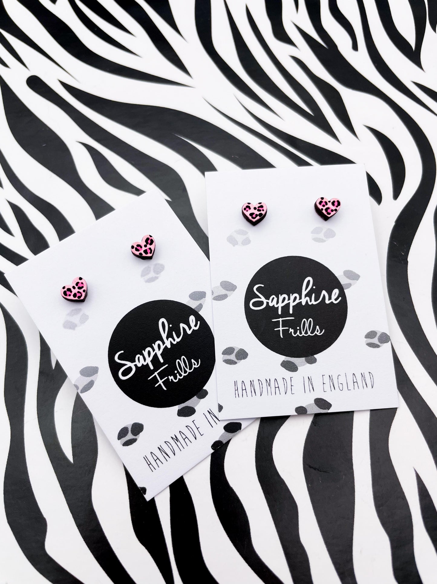 Micro Pink Leopard Print Wooden Heart Stud Earrings