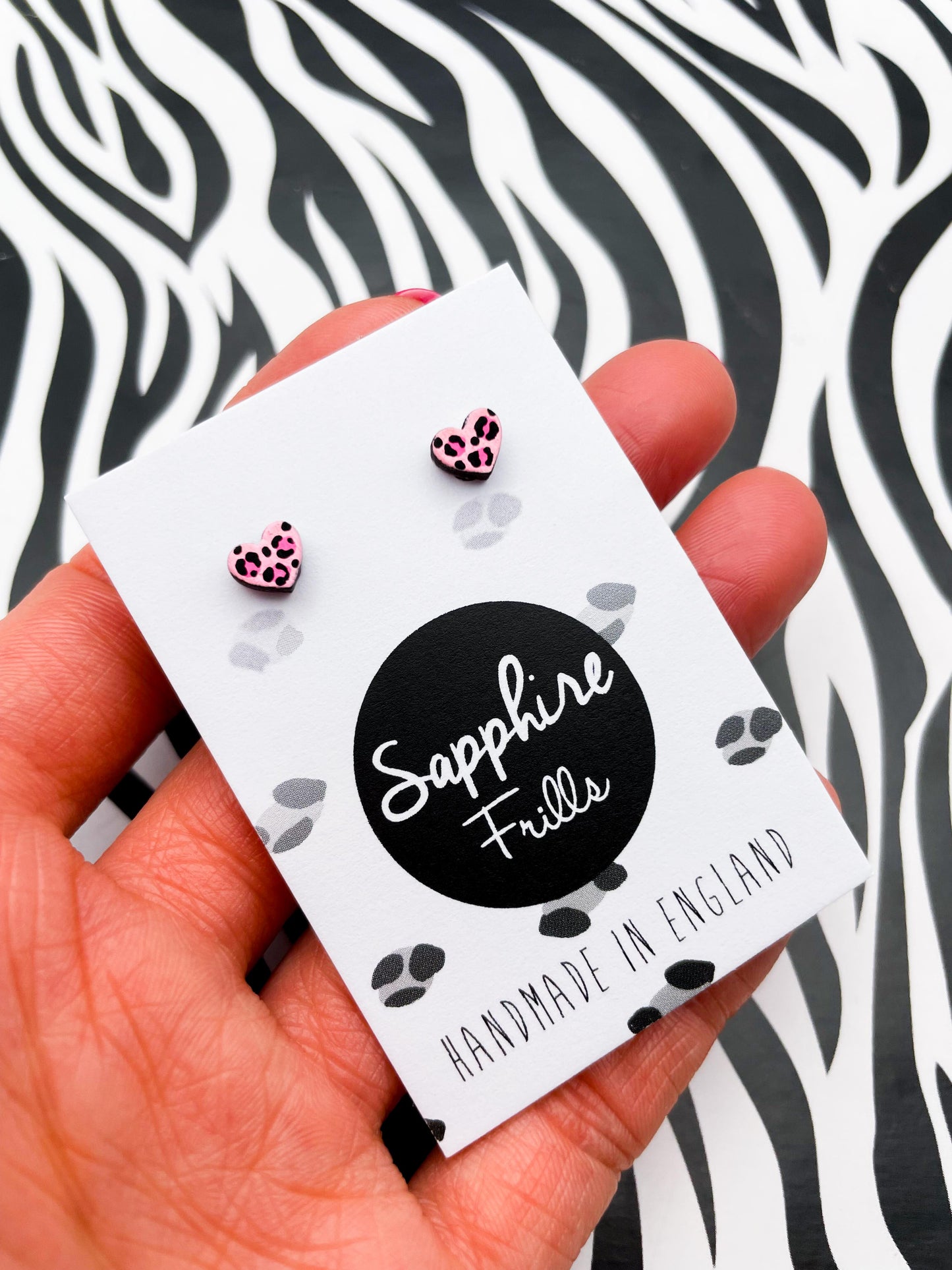 Micro Pink Leopard Print Wooden Heart Stud Earrings