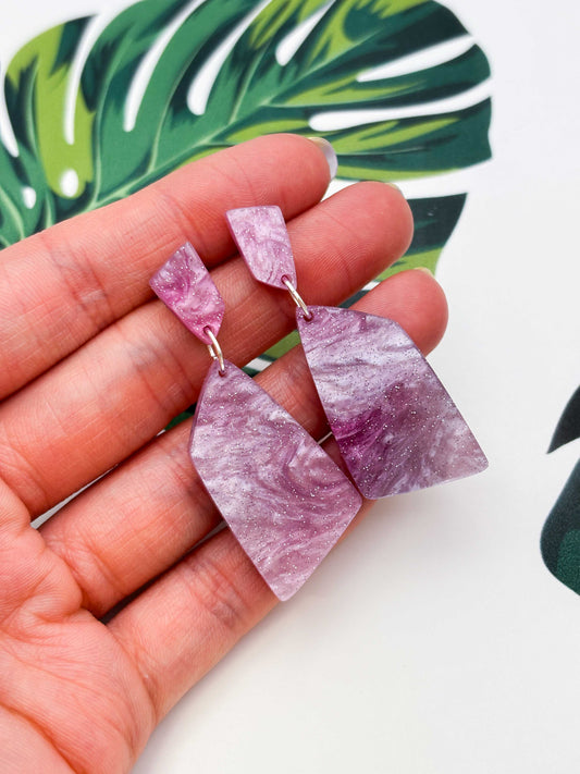 Pink/Purple Galaxy Glitter Marble Stone Dangle Earrings – Hypoallergenic Stainless Steel