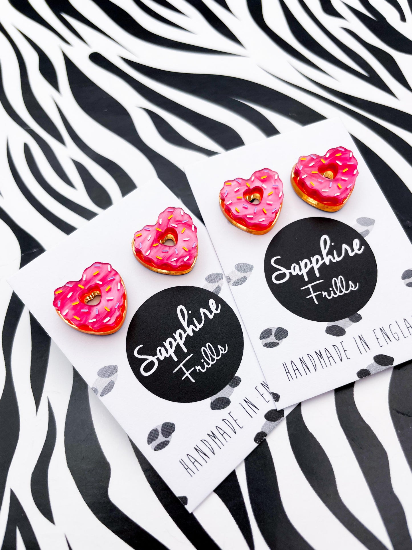 Small Hot Pink Marble and Gold Mirror Acrylic Heart Donut Studs Earrings