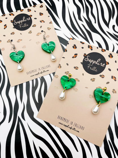 Emerald Marble Heart and Pearl Teardrop Acrylic Dangle Earrings or Necklace – Hypoallergenic Stainless Steel