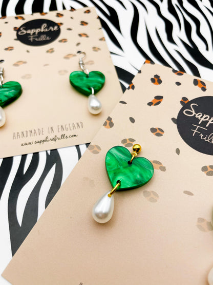 Emerald Marble Heart and Pearl Teardrop Acrylic Dangle Earrings or Necklace – Hypoallergenic Stainless Steel