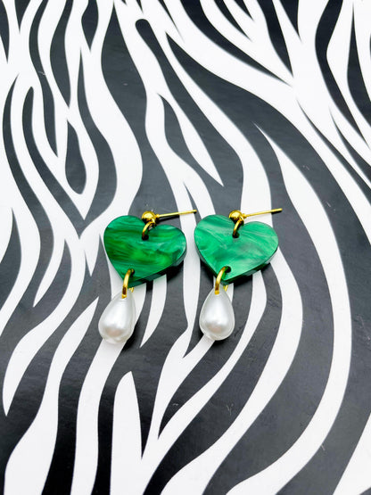 Emerald Marble Heart and Pearl Teardrop Acrylic Dangle Earrings or Necklace – Hypoallergenic Stainless Steel