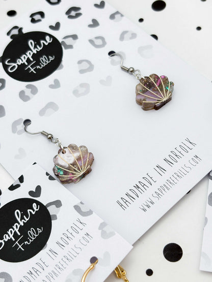 Matt Recycled Iridescent Lilac, Pink and Mint Small Shell Dangle Earrings or Necklace – Hypoallergenic Stainless Steel