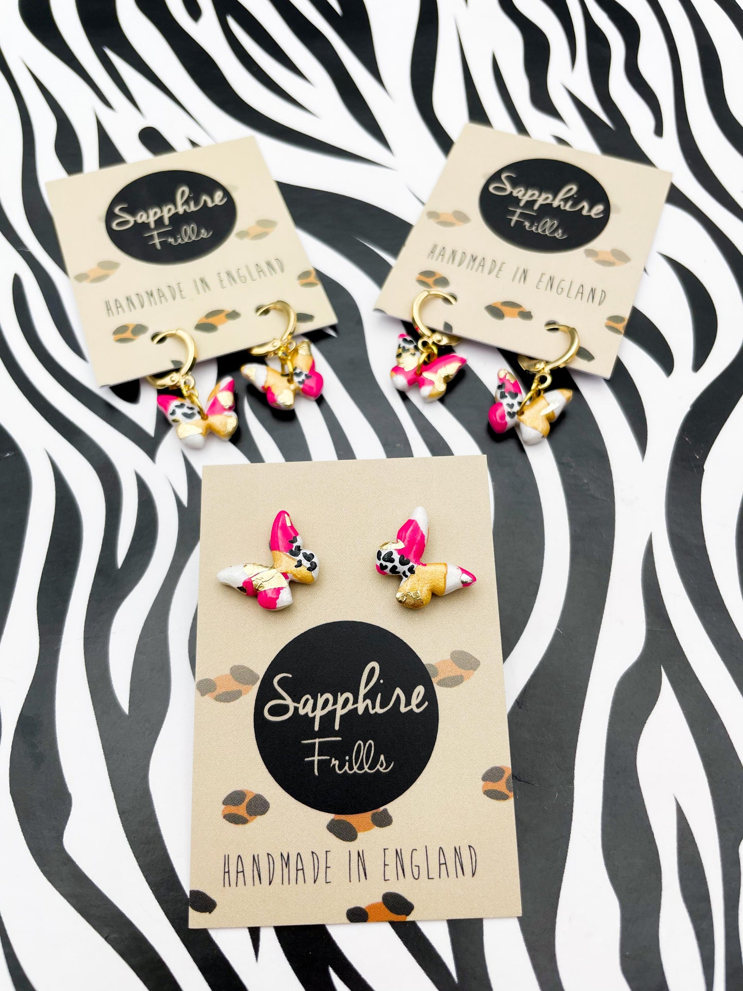 Mini Hot Pink and Metallic Gold Terrazzo Heart Print Butterfly Earrings