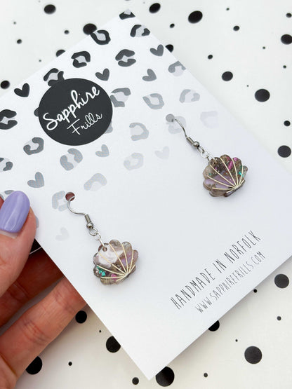 Matt Recycled Iridescent Lilac, Pink and Mint Small Shell Dangle Earrings or Necklace – Hypoallergenic Stainless Steel