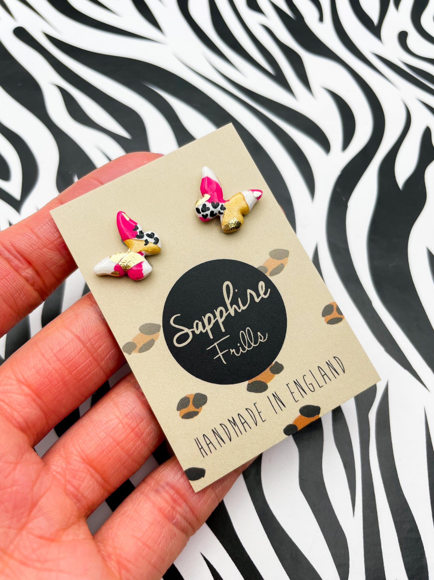 Mini Hot Pink and Metallic Gold Terrazzo Heart Print Butterfly Earrings