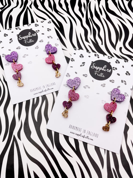 Mauve Purple, Hot Pink and Champagne Gold Glitter Acrylic Heart Dangle Earrings – Hypoallergenic Stainless Steel