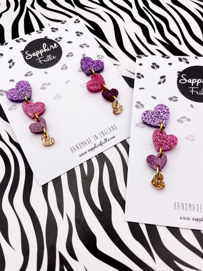 Mauve Purple, Hot Pink and Champagne Gold Glitter Acrylic Heart Dangle Earrings – Hypoallergenic Stainless Steel