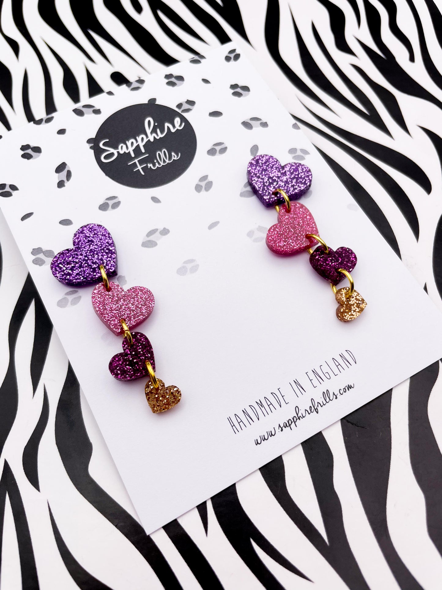 Mauve Purple, Hot Pink and Champagne Gold Glitter Acrylic Heart Dangle Earrings