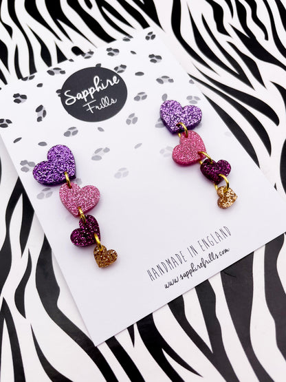 Mauve Purple, Hot Pink and Champagne Gold Glitter Acrylic Heart Dangle Earrings – Hypoallergenic Stainless Steel