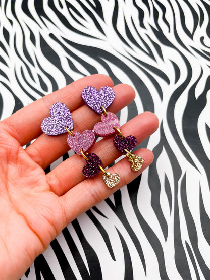 Mauve Purple, Hot Pink and Champagne Gold Glitter Acrylic Heart Dangle Earrings – Hypoallergenic Stainless Steel