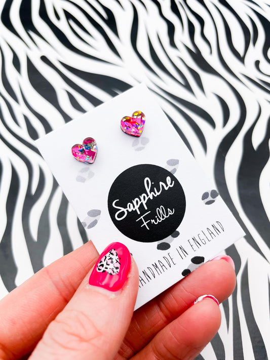 Mini Pink Rainbow Love Confetti Acrylic Heart Studs – Hypoallergenic Stainless Steel