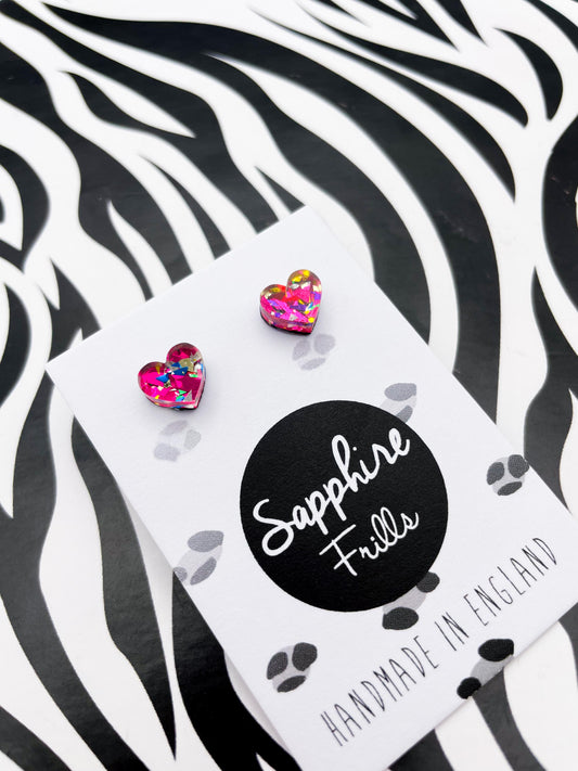 Mini Pink Rainbow Love Confetti Acrylic Heart Studs – Hypoallergenic Stainless Steel
