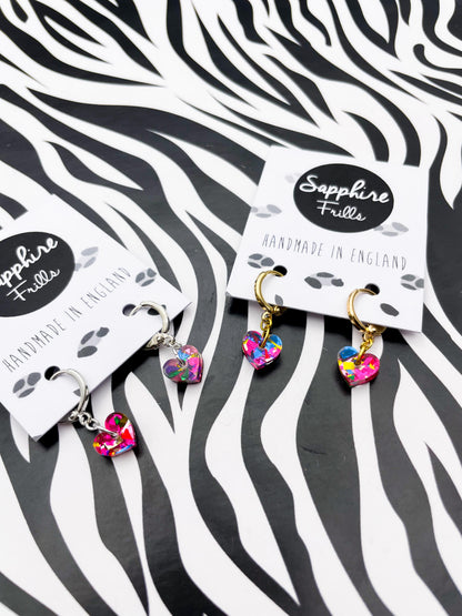Mini Pink Rainbow Love Confetti Acrylic Heart Dangle Earrings or Necklace – Hypoallergenic Stainless Steel
