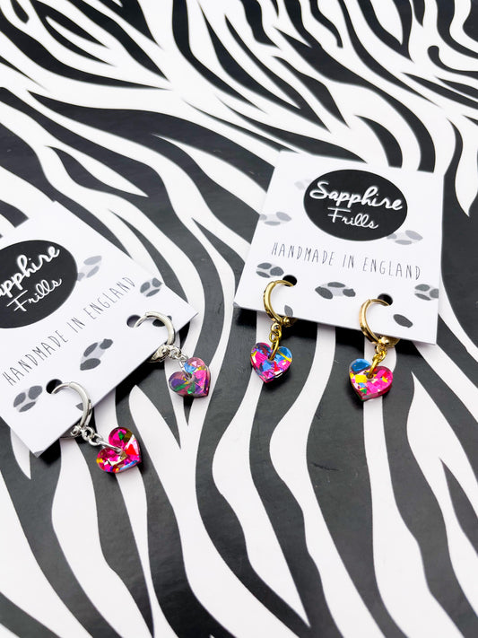 Mini Pink Rainbow Love Confetti Acrylic Heart Dangle Earrings or Necklace – Hypoallergenic Stainless Steel
