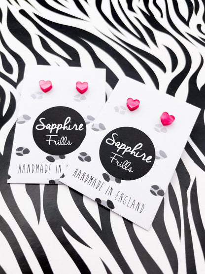 Micro Hot Pink Marble Acrylic Heart Stud Earrings – Hypoallergenic Stainless Steel