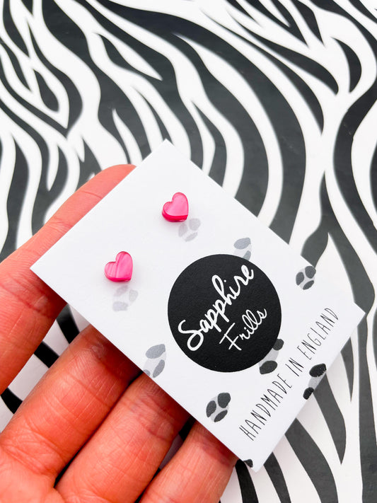 Micro Hot Pink Marble Acrylic Heart Stud Earrings – Hypoallergenic Stainless Steel