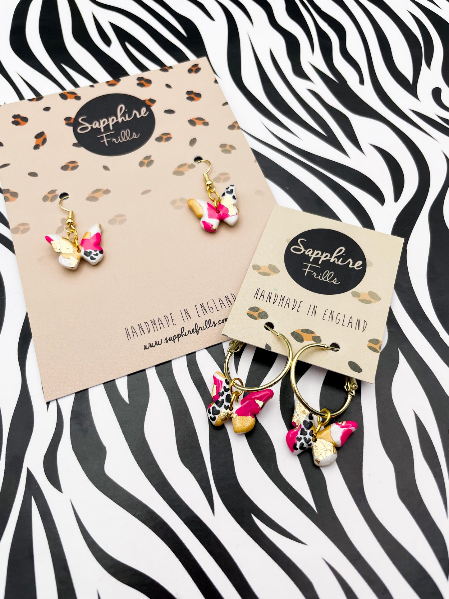 Medium Hot Pink and Metallic Gold Terrazzo Heart Print Butterfly Earrings