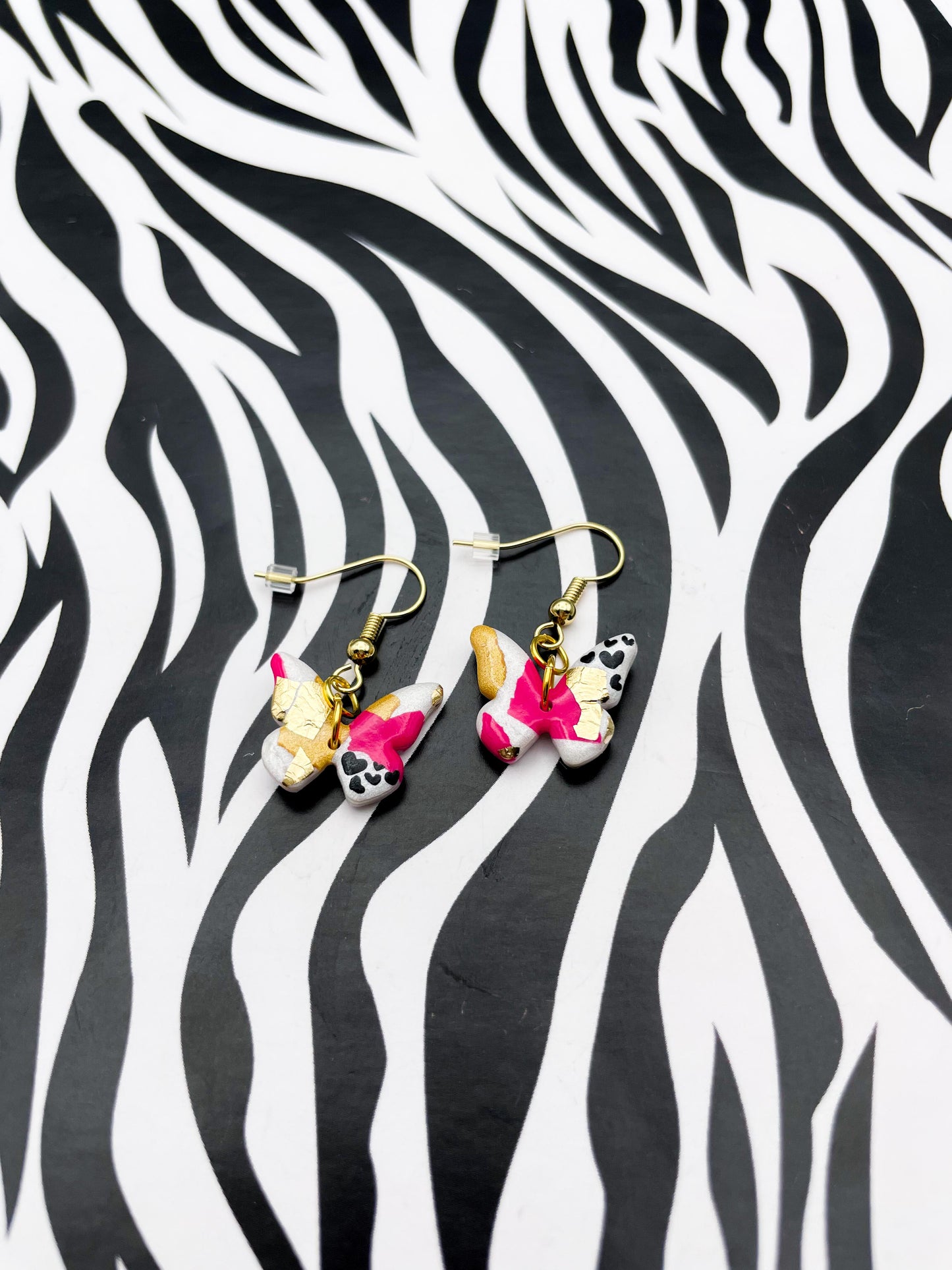 Medium Hot Pink and Metallic Gold Terrazzo Heart Print Butterfly Earrings