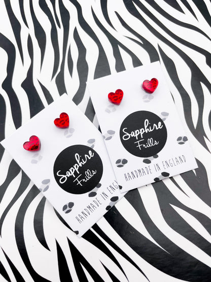 Mini Red Leopard Print Acrylic Mirror Heart Stud Earrings