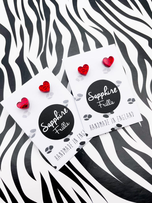 Mini Red Leopard Print Acrylic Mirror Heart Stud Earrings