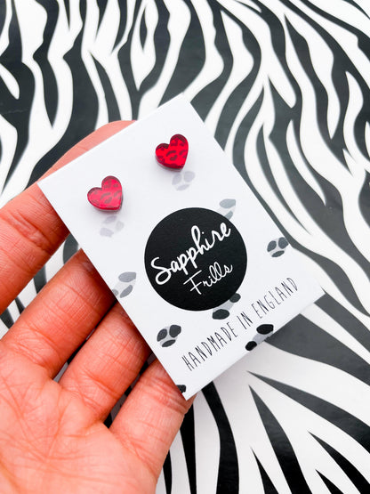 Mini Red Leopard Print Acrylic Mirror Heart Stud Earrings