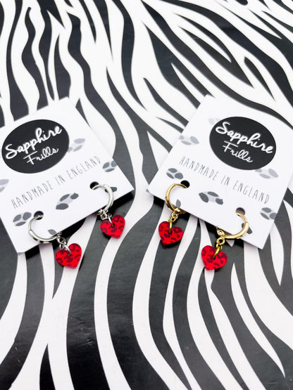 Mini Red Leopard Print Acrylic Mirror Heart Dangle Earrings or Necklace – Hypoallergenic Stainless Steel
