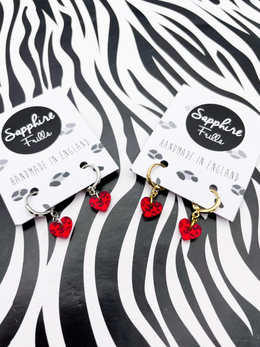Mini Red Leopard Print Acrylic Mirror Heart Dangle Earrings or Necklace – Hypoallergenic Stainless Steel
