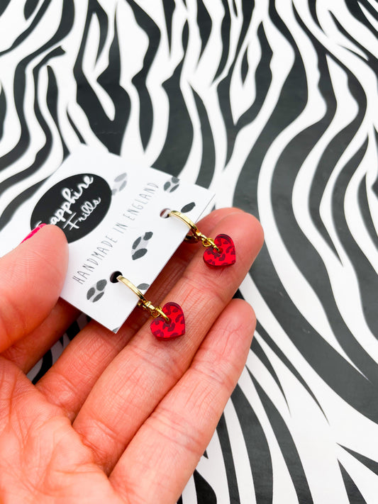 Mini Red Leopard Print Acrylic Mirror Heart Dangle Earrings or Necklace – Hypoallergenic Stainless Steel