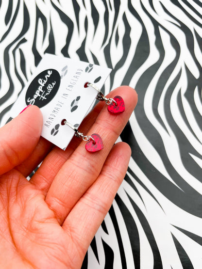 Mini Red Leopard Print Acrylic Mirror Heart Dangle Earrings or Necklace – Hypoallergenic Stainless Steel