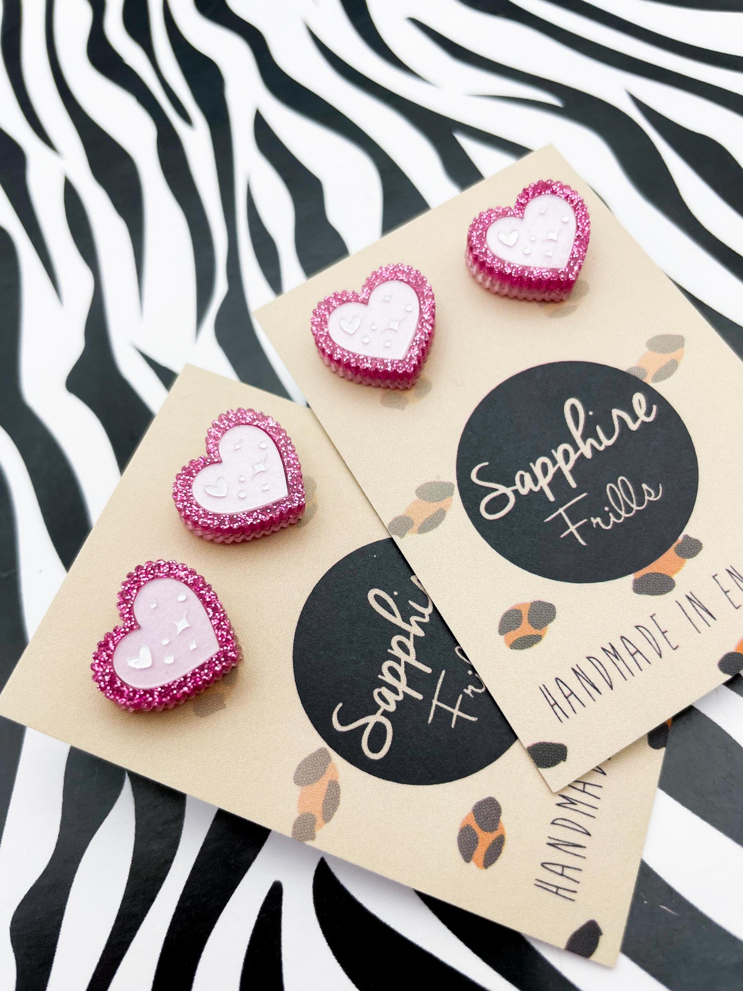 Small Hot Pink Glitter and Pearlescent Pink Heart Print Acrylic Scallop Heart Studs