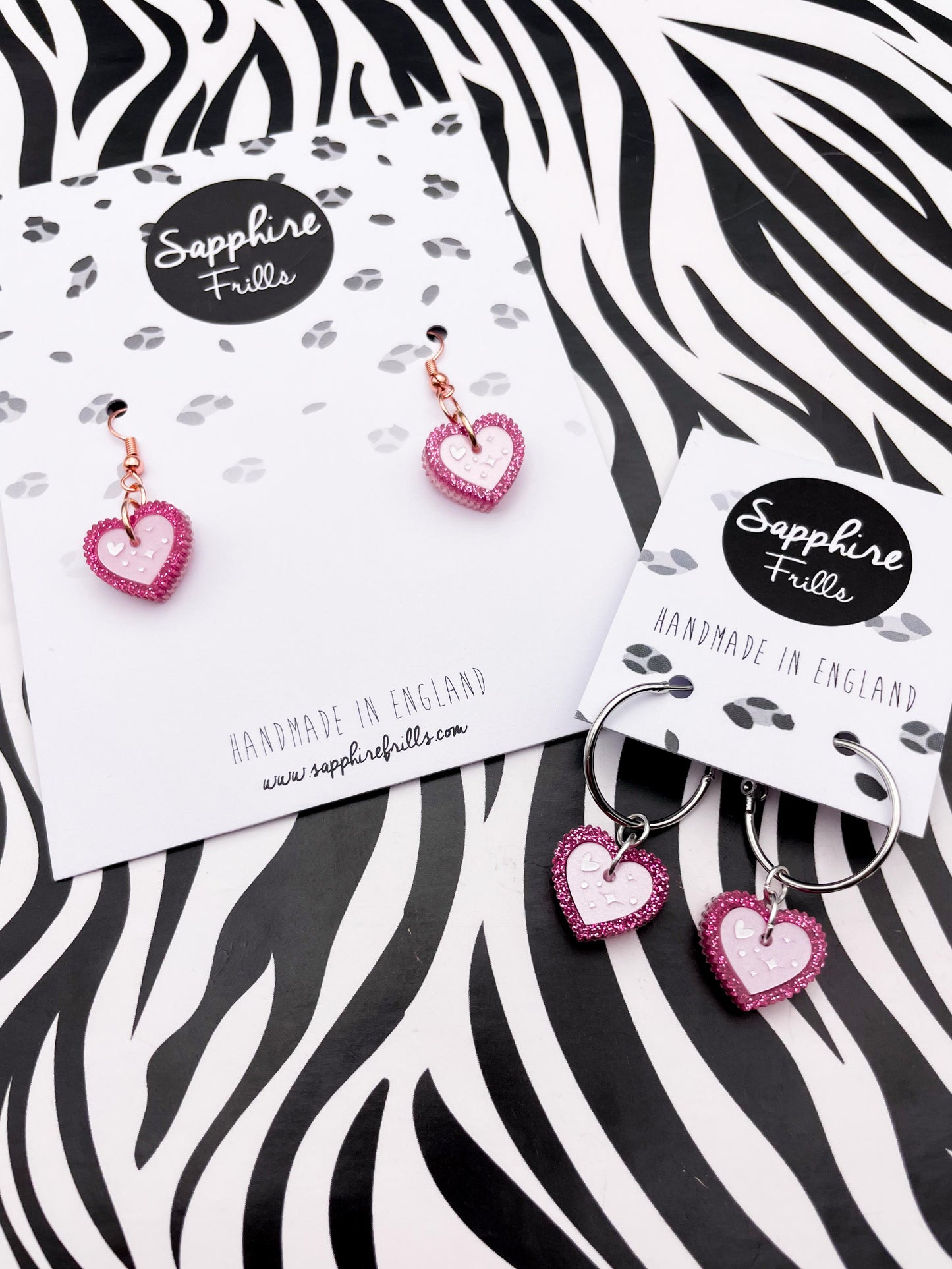 Small Hot Pink Glitter and Pearlescent Pink Heart Print Acrylic Scallop Heart Dangle Earrrings