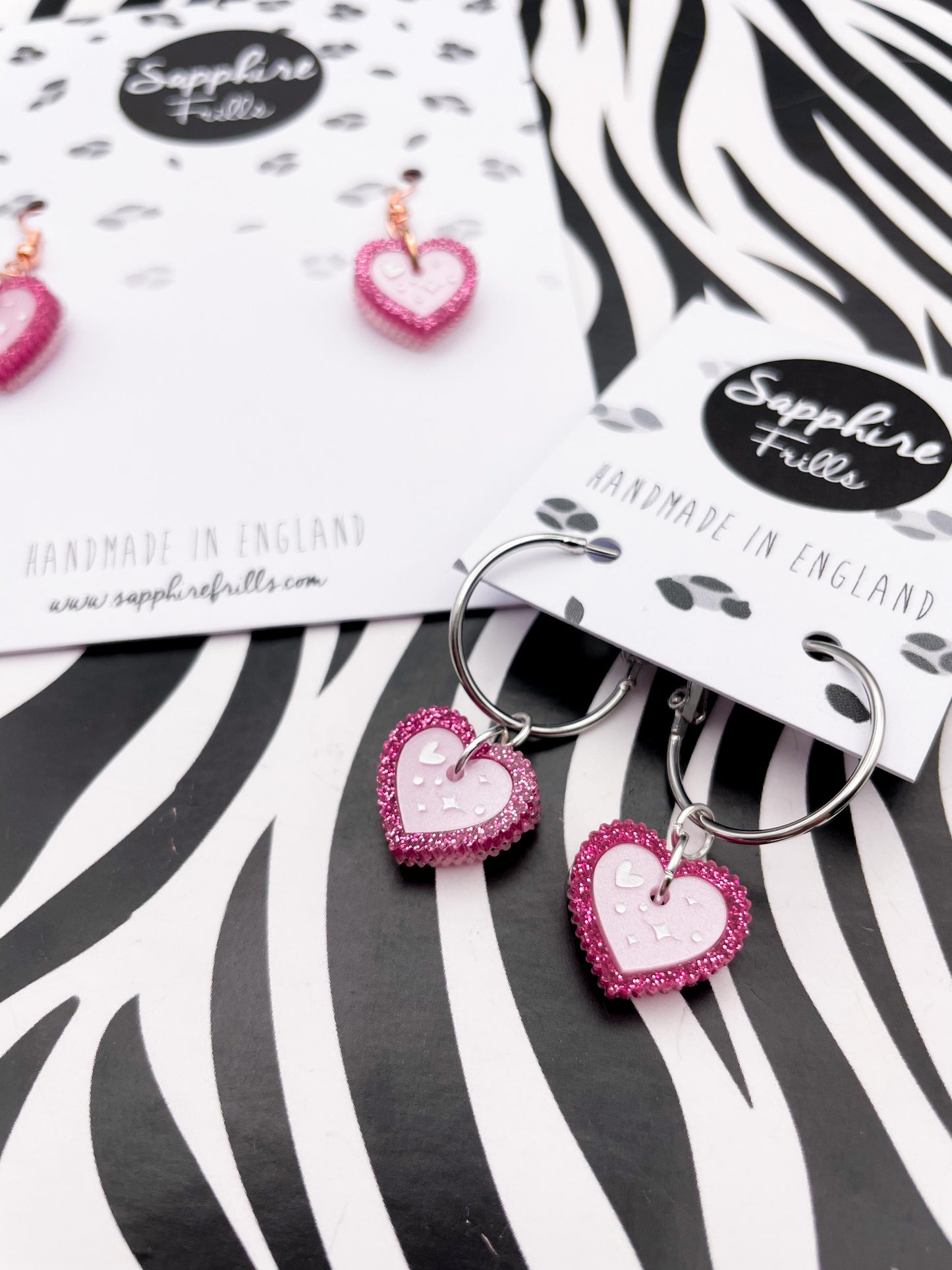 Small Hot Pink Glitter and Pearlescent Pink Heart Print Acrylic Scallop Heart Dangle Earrrings