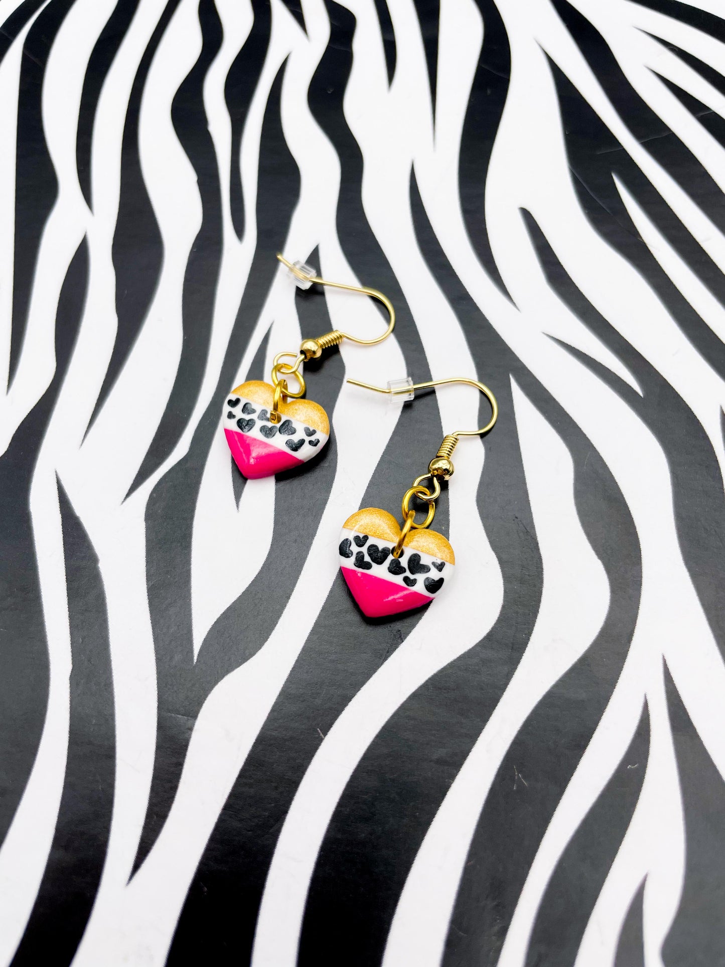 Small Gold, White and Hot Pink Heart Print Stripe Heart Earrings