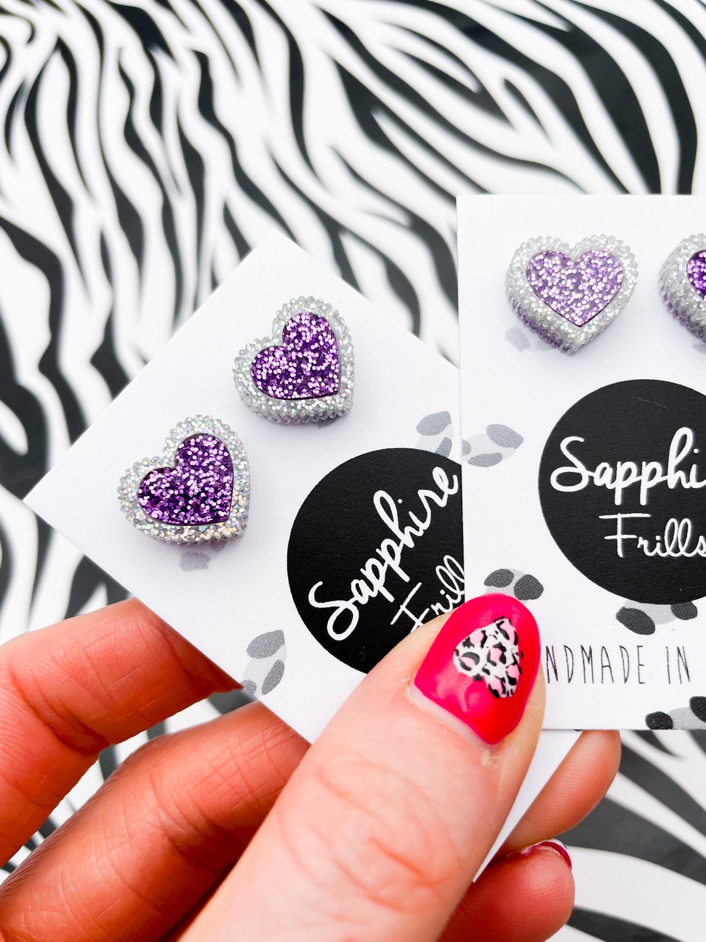 Small Mauve Purple and Holographic Silver Glitter Acrylic Scallop Heart Stud Earrings