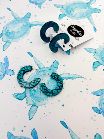 Large Cyan Sea Marble Acrylic Circle Hoops – Hypoallergenic Stainless Steel