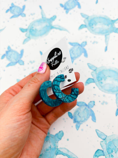 Large Cyan Sea Marble Acrylic Circle Hoops – Hypoallergenic Stainless Steel