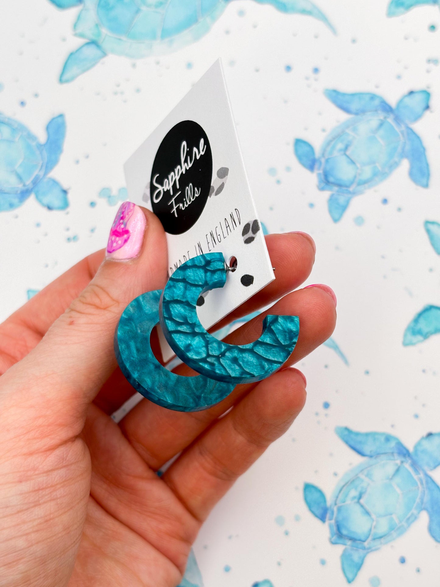 Large Cyan Sea Marble Acrylic Circle Hoops