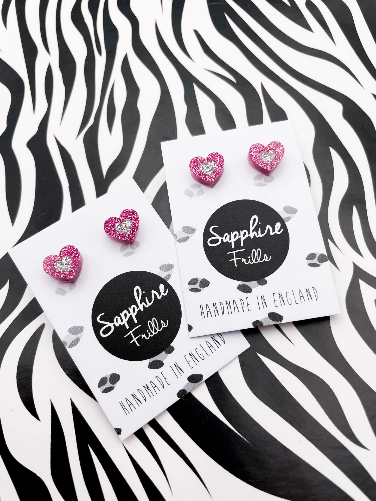 Little Hot Pink and Holographic Silver Glitter Acrylic Heart Stud Earrings