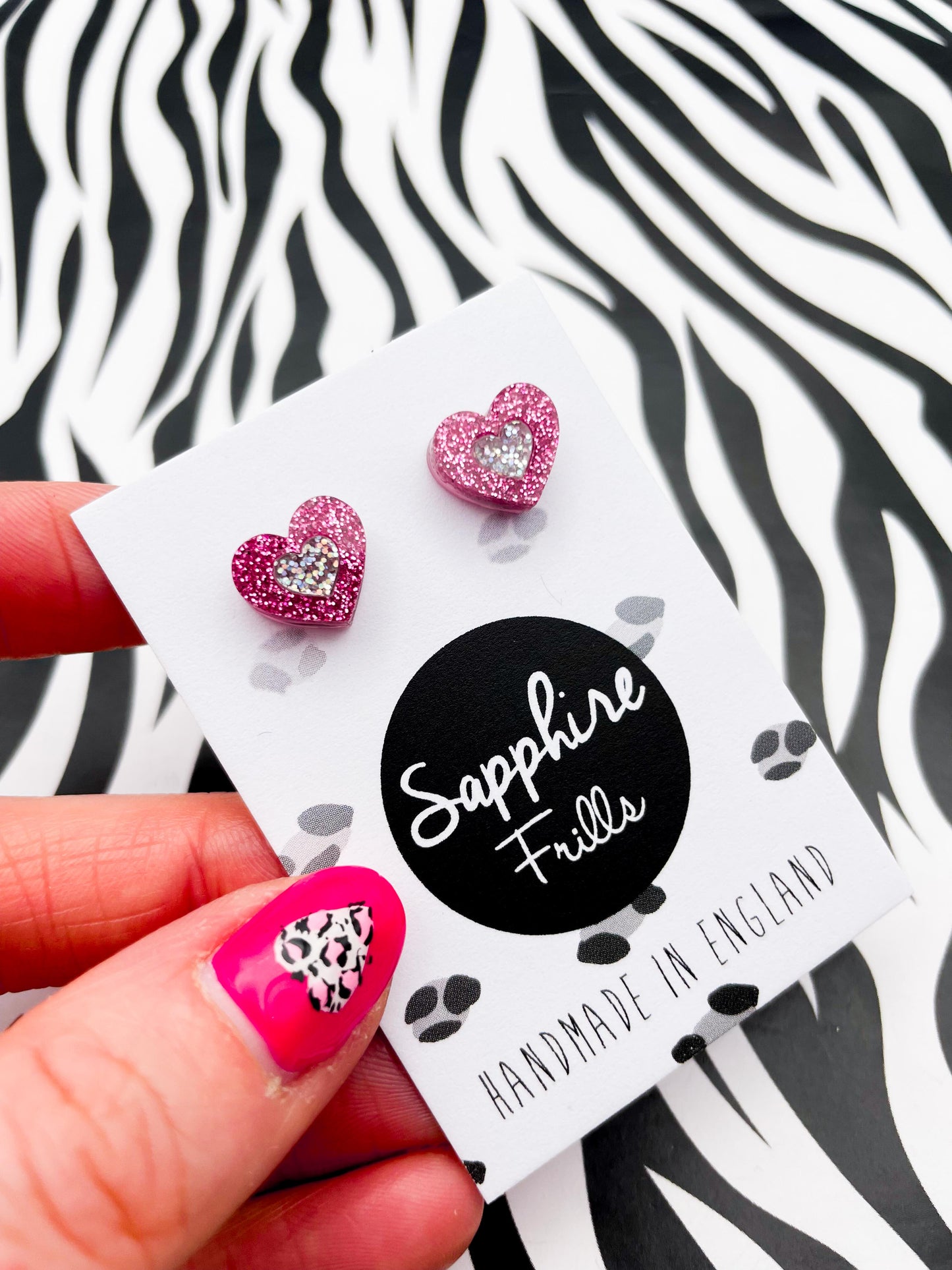 Little Hot Pink and Holographic Silver Glitter Acrylic Heart Stud Earrings