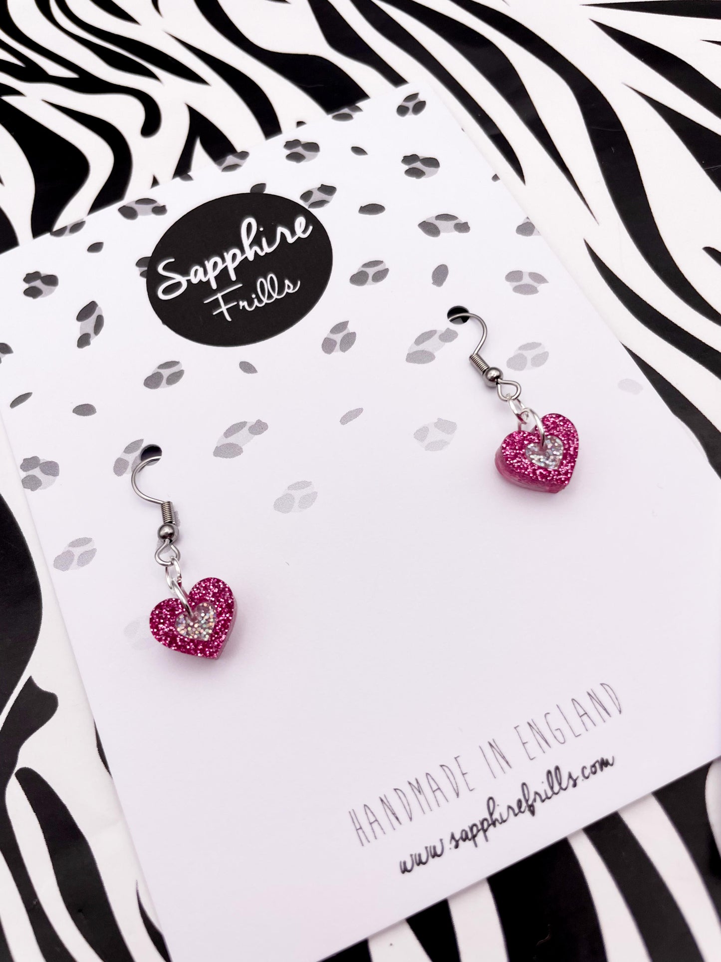 Little Hot Pink and Holographic Silver Glitter Acrylic Heart Dangle Earrings