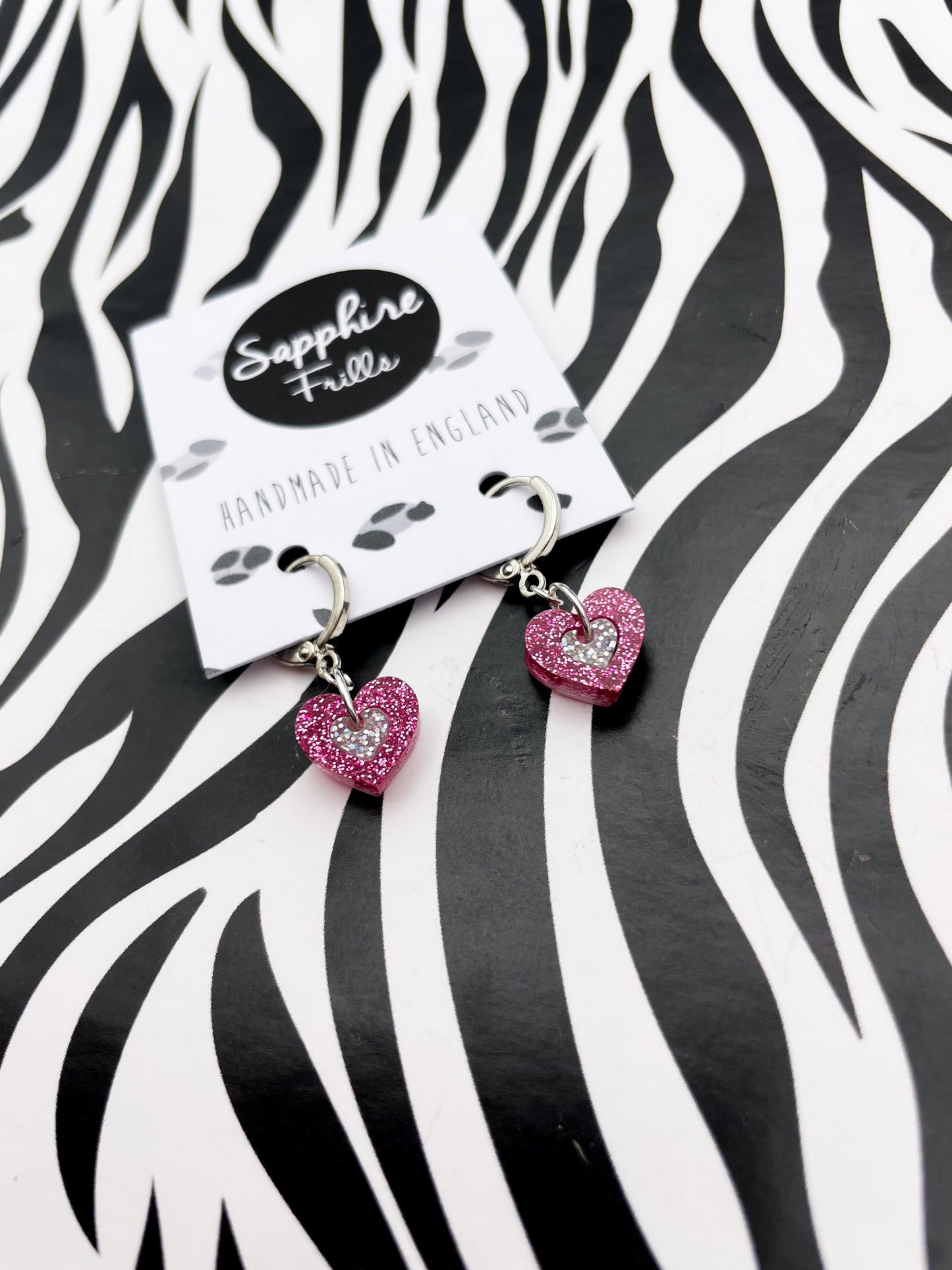 Little Hot Pink and Holographic Silver Glitter Acrylic Heart Dangle Earrings