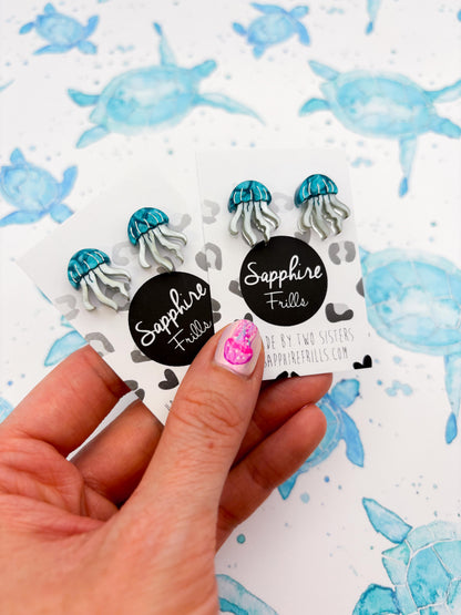 Small Cyan Marble Acrylic Jellyfish Stud Earrings – Hypoallergenic Stainless Steel