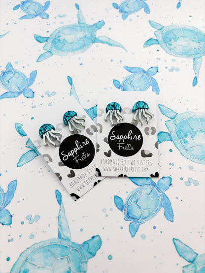 Small Cyan Marble Acrylic Jellyfish Stud Earrings – Hypoallergenic Stainless Steel
